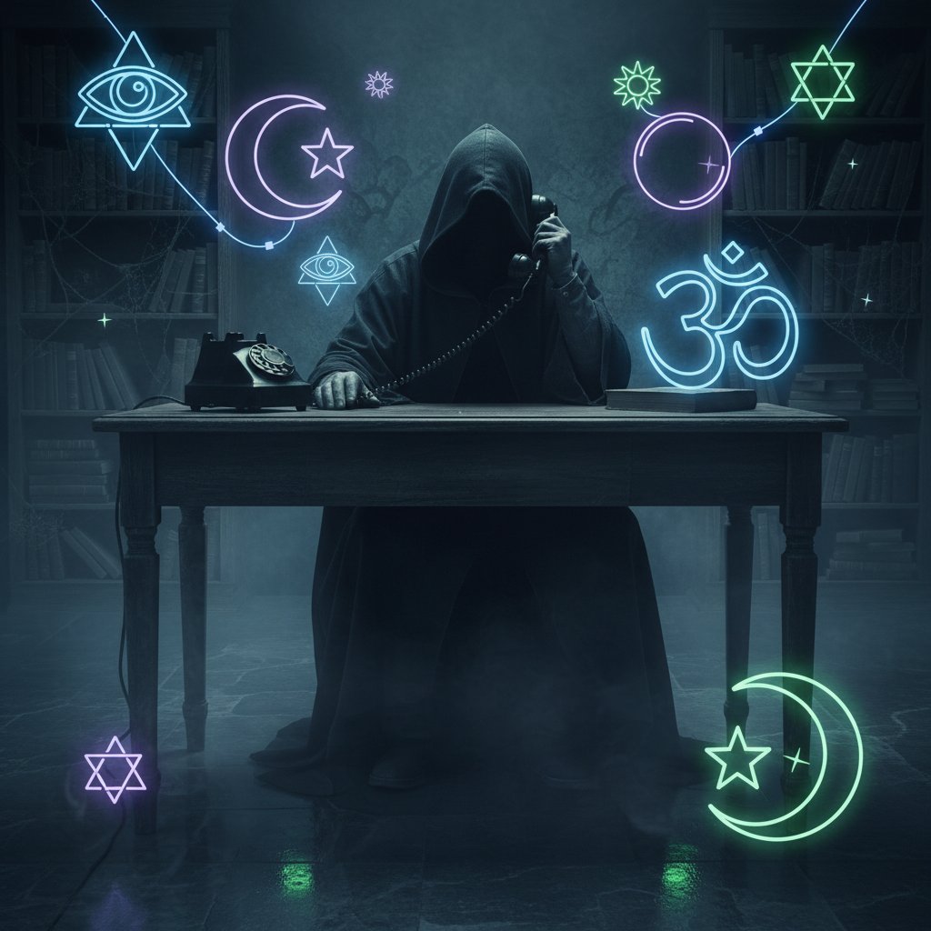 Dunkles Zimmer mit Telefon und leuchtenden spirituellen Symbolen, Szene suggeriert Geheimnis und Beratung