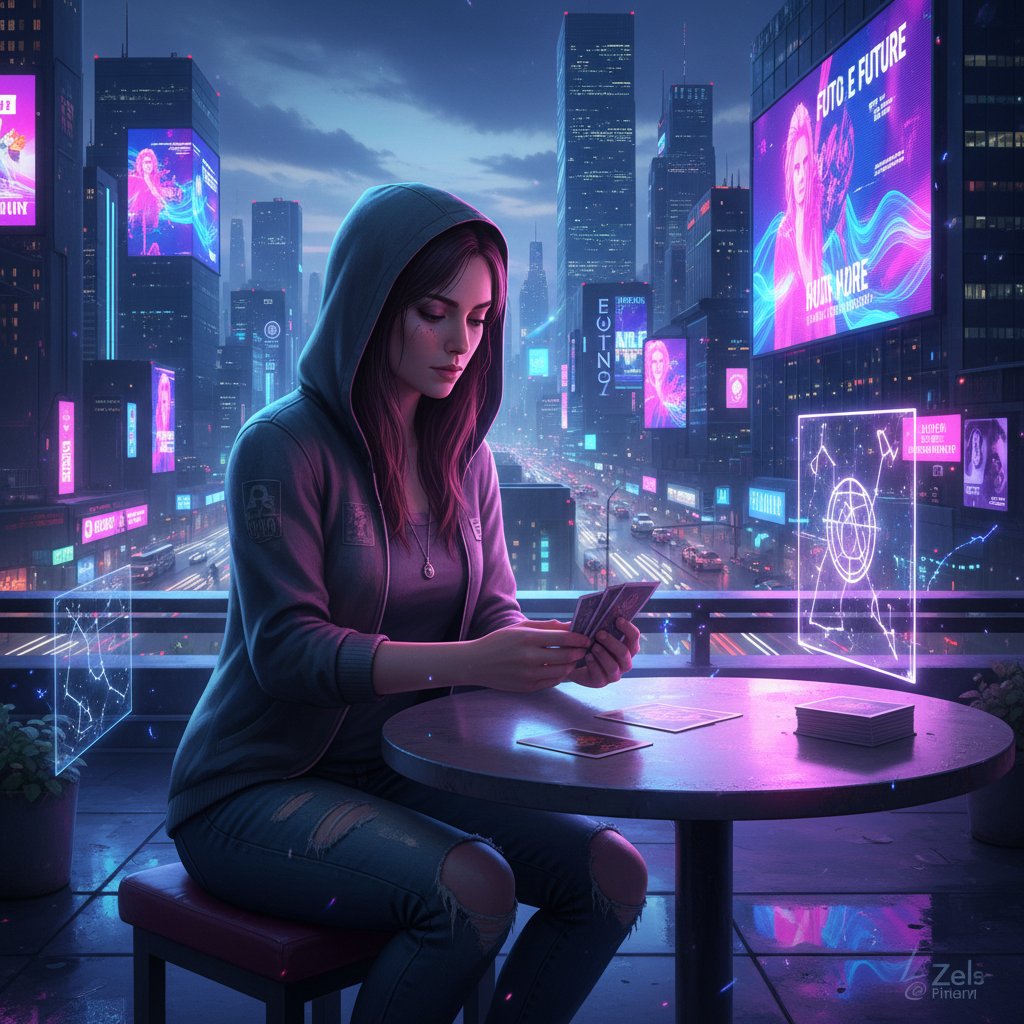 Junge Frau in urbaner Kleidung mischt Tarotkarten unter Neonlichtern