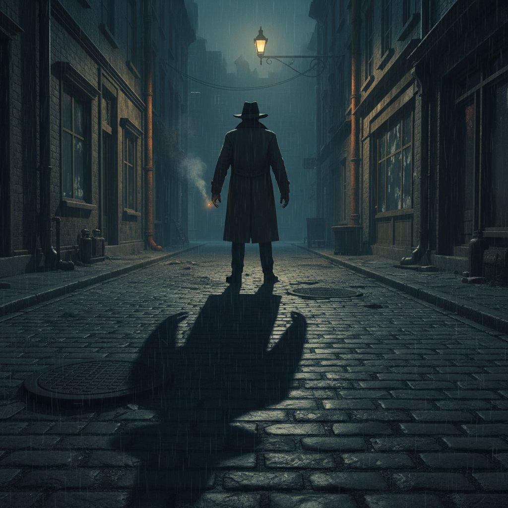 Mystery thriller character at a crossroads, dramatic moody shot with strong shadows and tense atmosphere