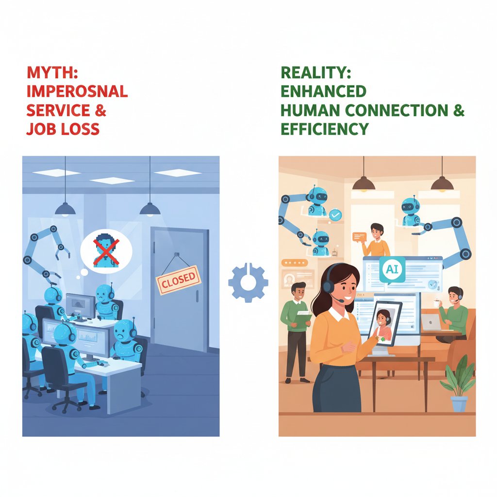 Debunking myths in customer support automation: chatbot mask peeled off to reveal a human face