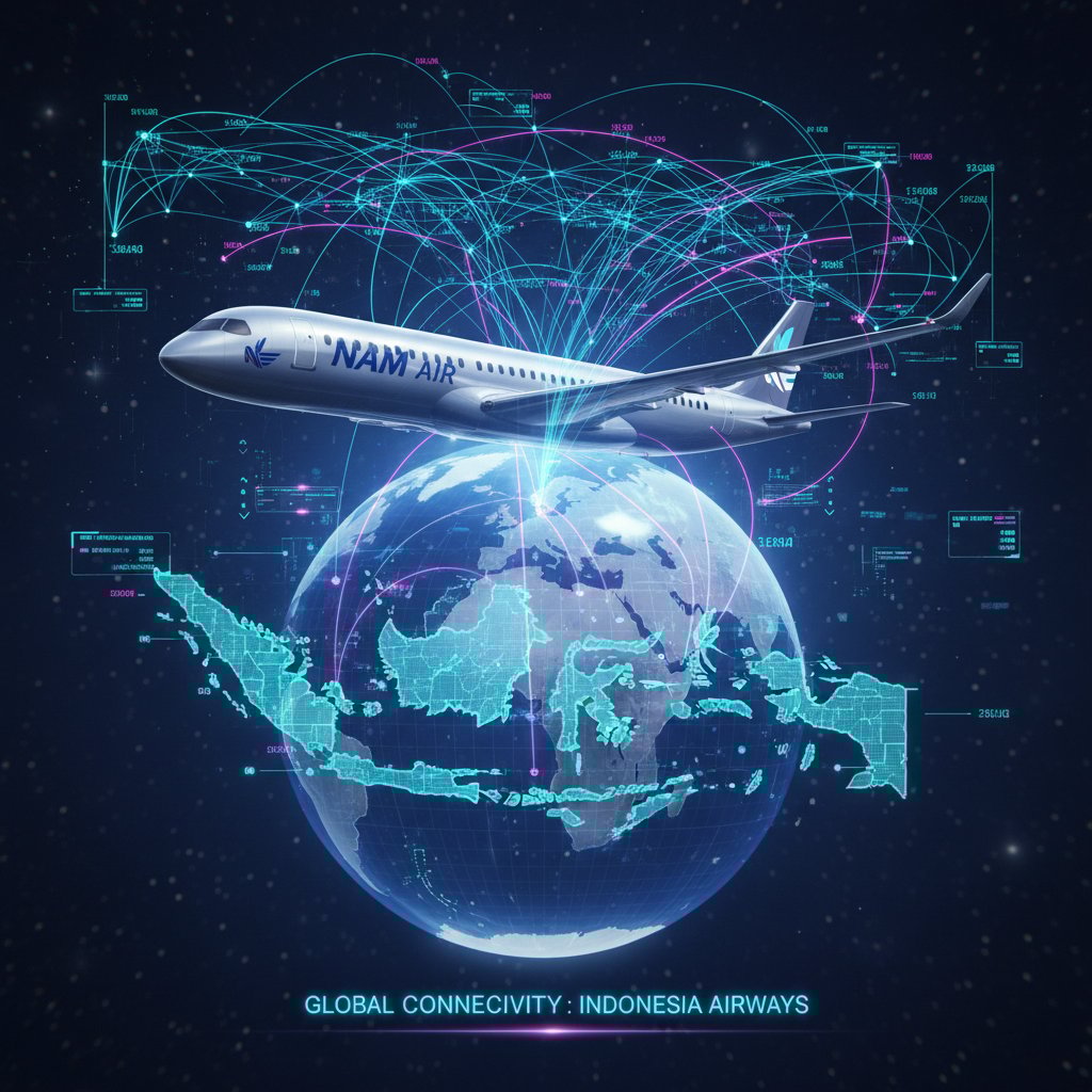 Futuristic Nam Air route map overlay on airplane photo