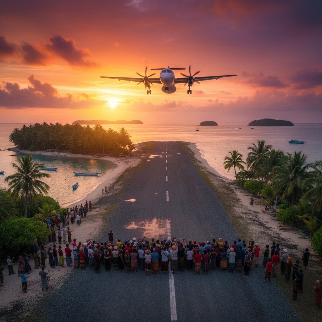 Nam Air plane landing at island airport with local community