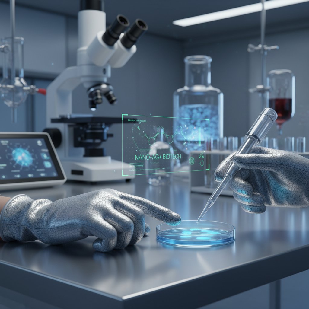 Zbliżenie na nowoczesne rękawiczki z nanosrebrem, laboratorium, innowacja