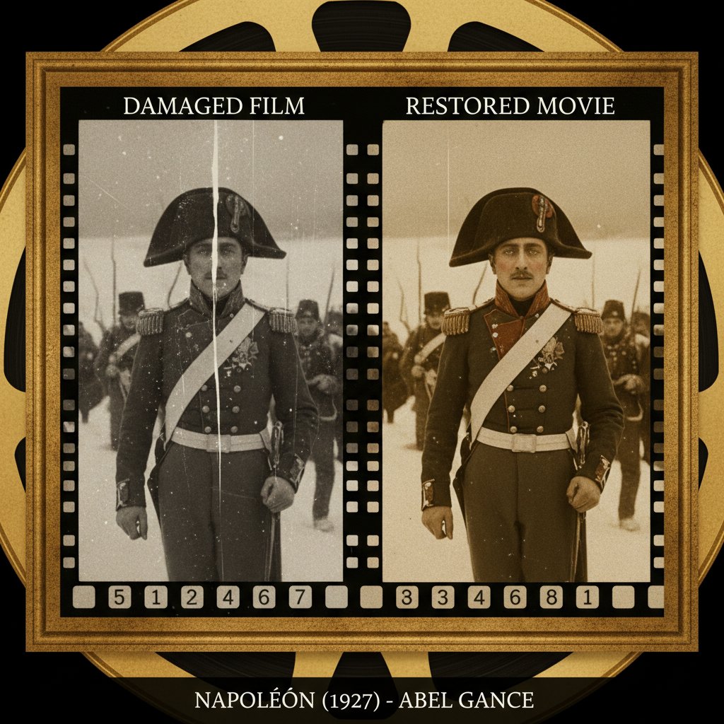 Side-by-side comparison of damaged and restored movie scene for Napoleon (1927)