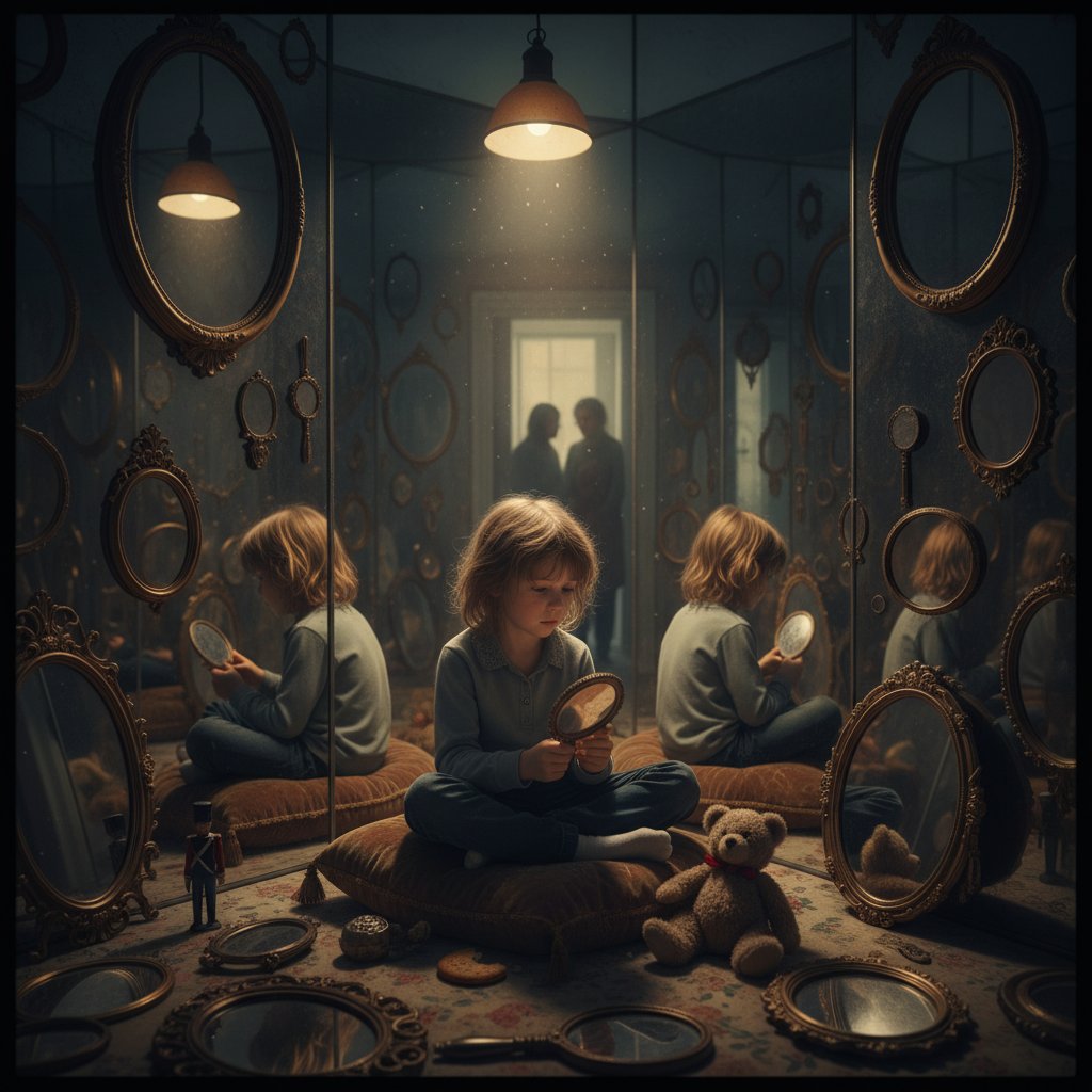 Dziecko otoczone lustrami, symbolizujące początki narcyzmu