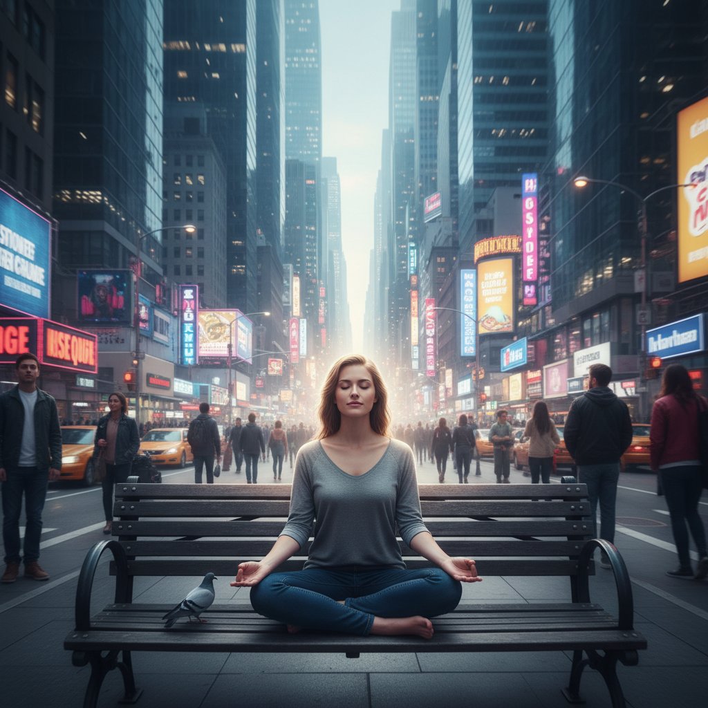 Osoba medytująca w miejskim chaosie, symbol odporności psychicznej
