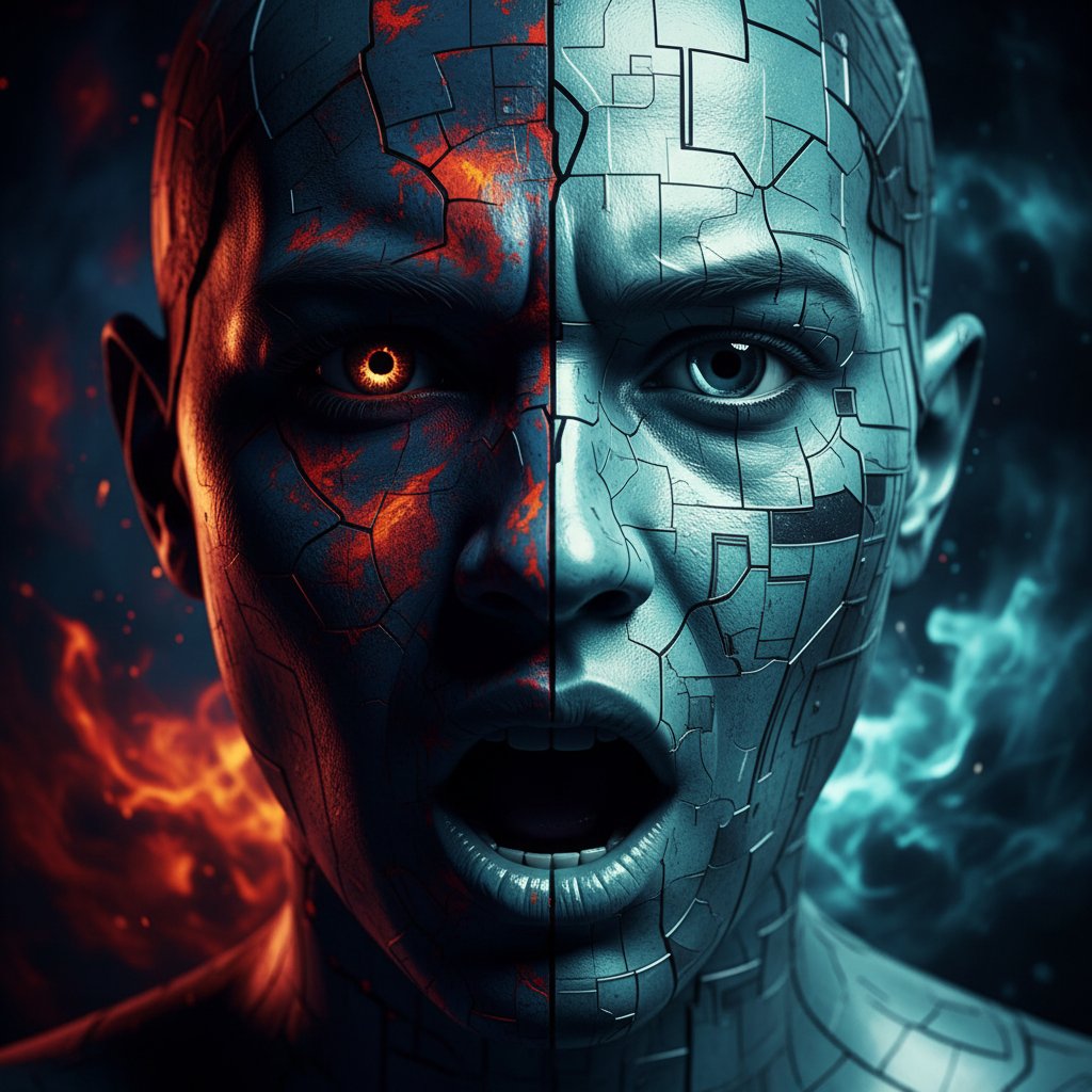 Portret osoby z wyraźnie zaznaczonymi różnymi stanami ego, wyraziste światło, psychologia osobowości