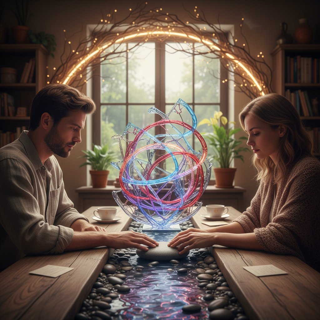 Photo of a couple sitting back to back, each looking at their own reflection, illustrating narrative traps in mediation