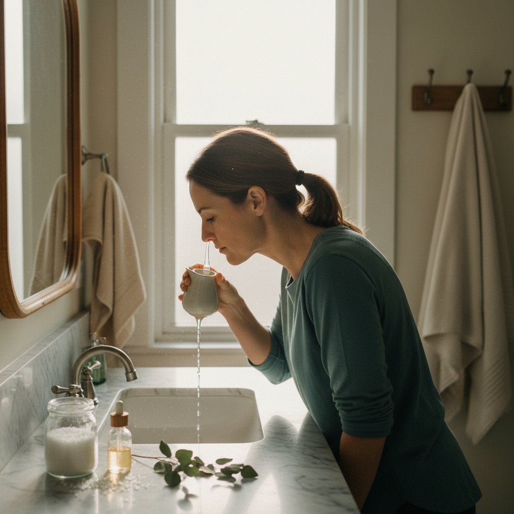 Osoba dbająca o higienę nosa w domu, naturalne światło, przyjazna atmosfera