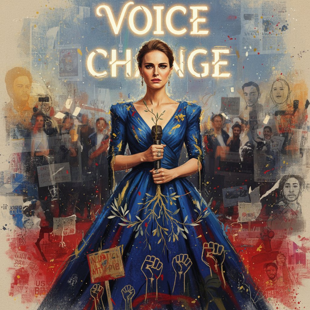 Natalie Portman speaking at a film event, symbolizing activism