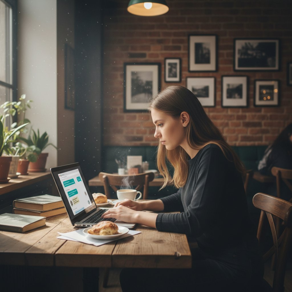 Studentka w Polsce korzystająca z chatbota AI podczas nauki w kawiarni