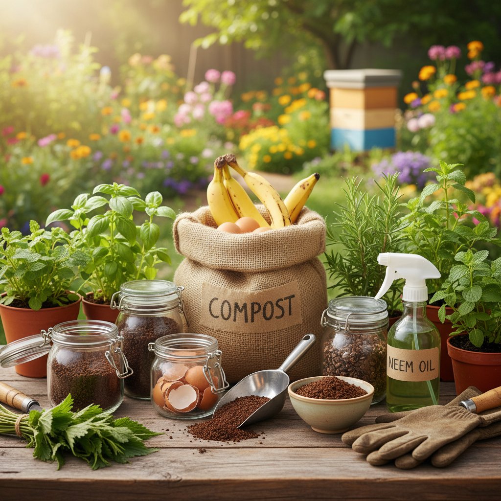 Naturalne nawozy i środki ochrony roślin na stole ogrodowym