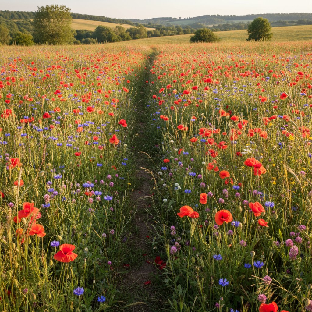 Naturalistyczny ogród z makami, chabrami i koniczyną na tle dzikiej trawy