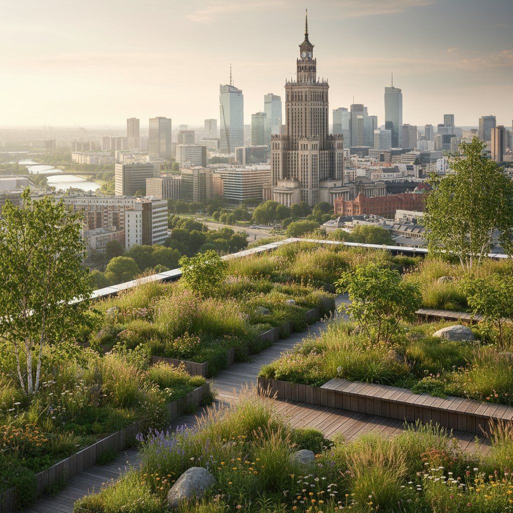 Ogród naturalistyczny na dachu wieżowca w Warszawie, panorama miasta, lato