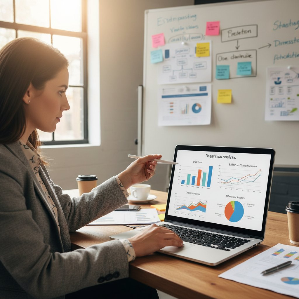 Młoda kobieta analizuje wyniki symulacji negocjacji na laptopie, ekran z wykresami
