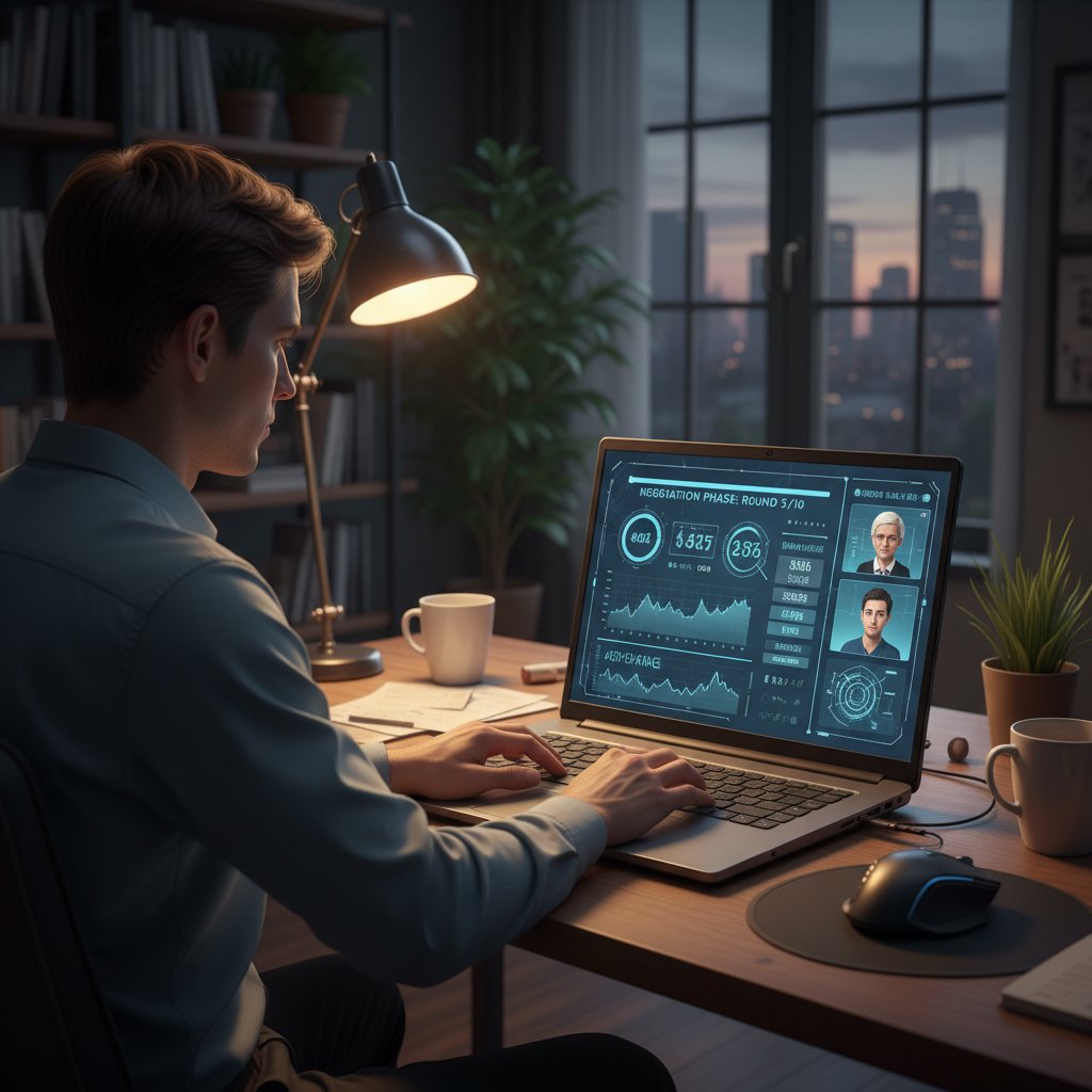 Osoba korzystająca z symulatora negocjacji na laptopie, skupienie i emocje na twarzy, domowe biuro