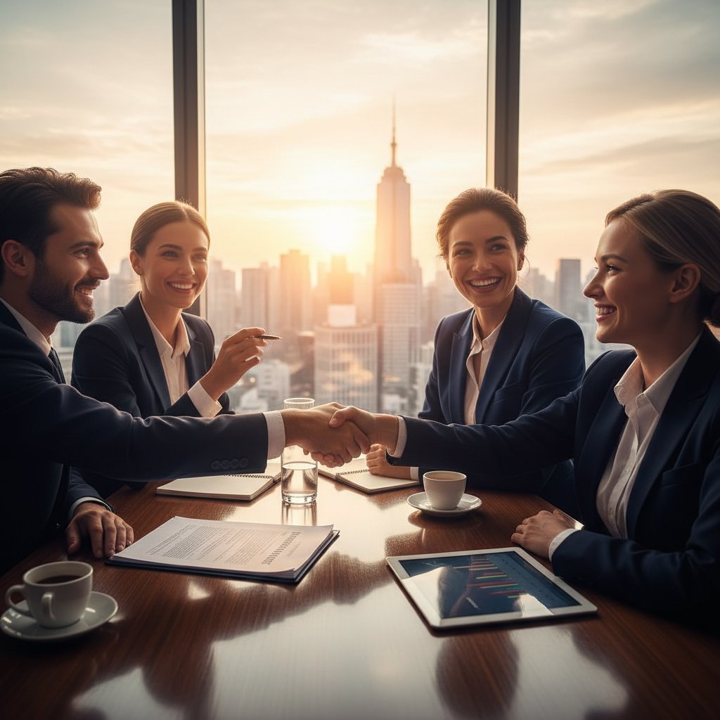 Grupa ludzi świętuje sukces negocjacji, obok inna grupa analizuje błędy po nieudanej symulacji