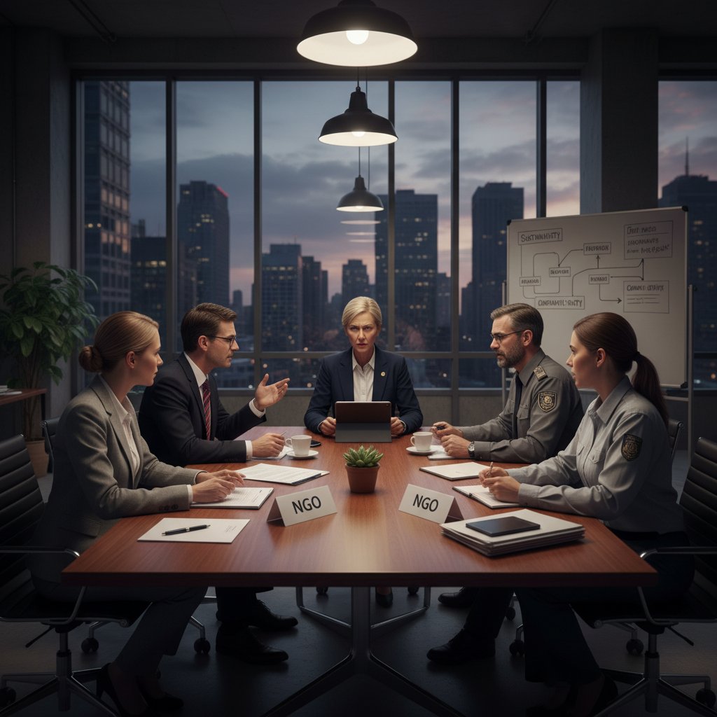 Stół negocjacyjny z przedstawicielami biznesu, NGO i sektora publicznego omawiającymi projekt partnerski w nowoczesnym biurze, wyraźne emocje i napięcie