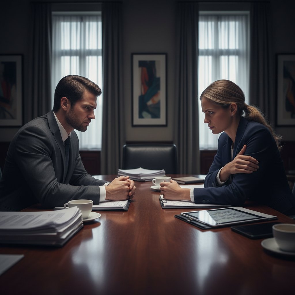 Negocjacje i napięcie wokół zgody, dwie osoby przy stole, napięta mowa ciała