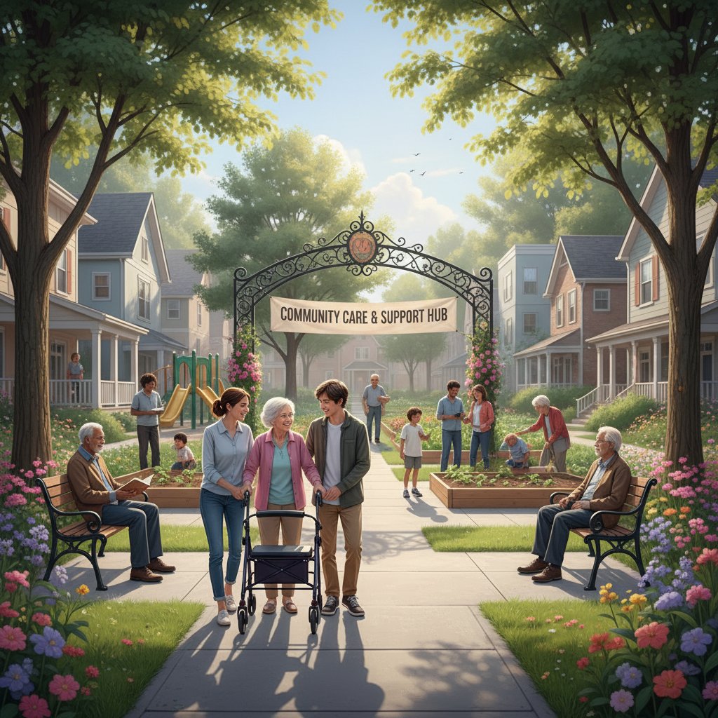 Grupa sąsiadów i opiekunów wspólnie organizujących czas seniorom, mieszkanie wspólnotowe