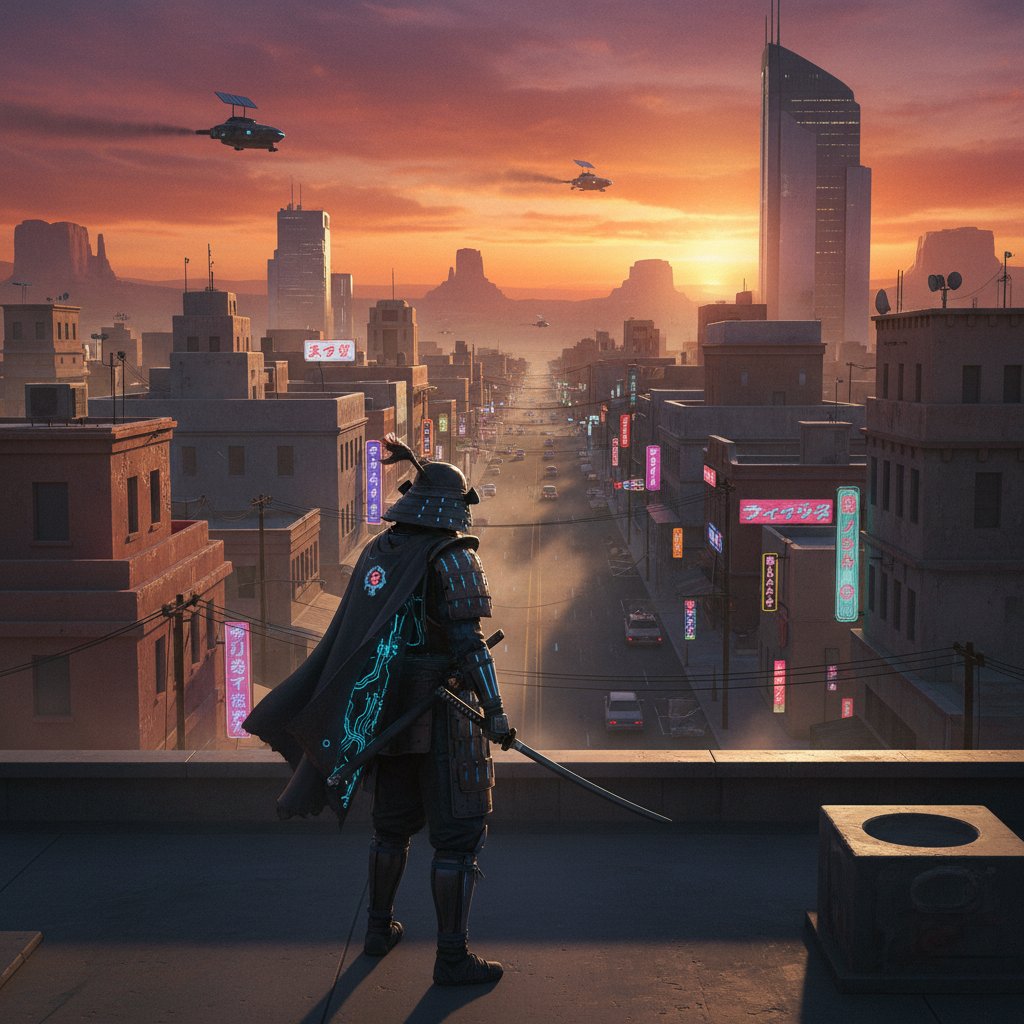 Neo-samurai film scene set in a modern Western city, blending traditional samurai aesthetics with contemporary urban style