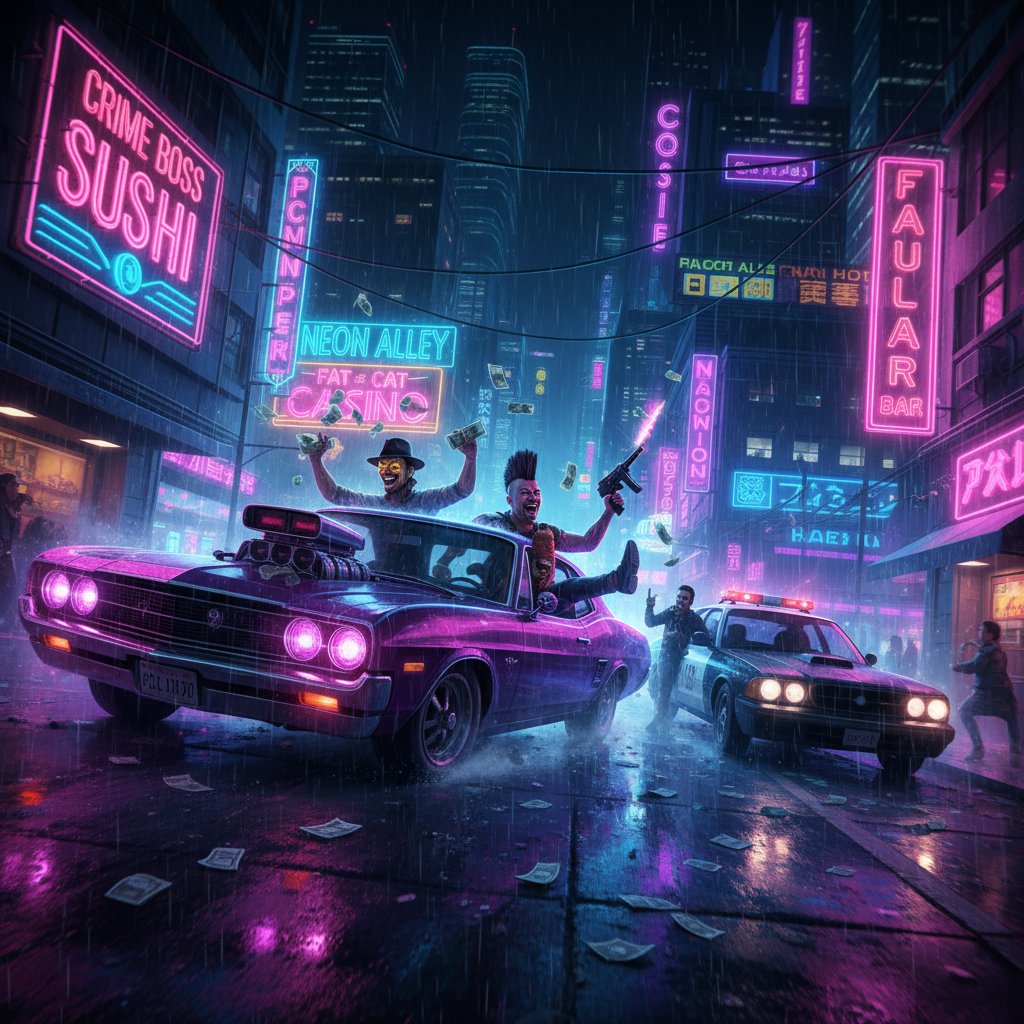 Stylized scene from an accidental criminal comedy set at night, neon-lit, dynamic motion
