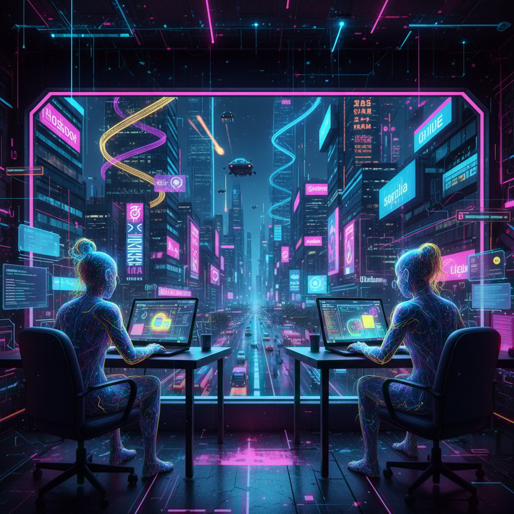 Dwie osoby prowadzące rozmowę online w polskim nocnym klimacie miejskim, symbolizujące nowoczesną komunikację cyfrową