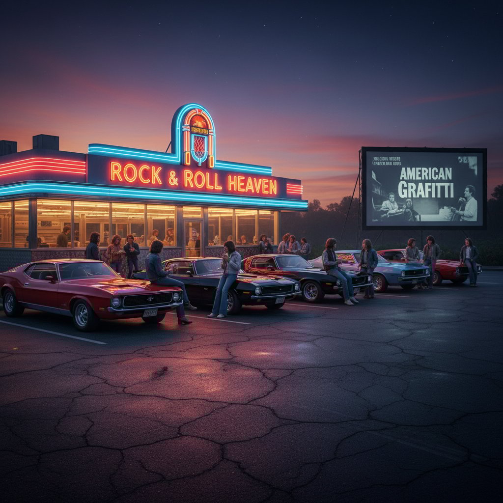 Neon-lit drive-in diner at dusk, classic cars and teenagers in 1970s fashion, American Graffiti nostalgia