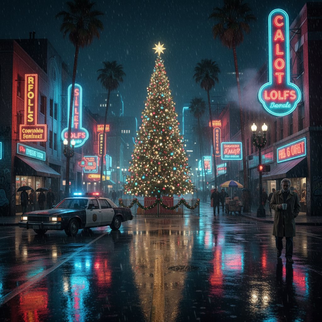 Los Angeles at night with Christmas lights, evoking Shane Black’s signature holiday noir aesthetic