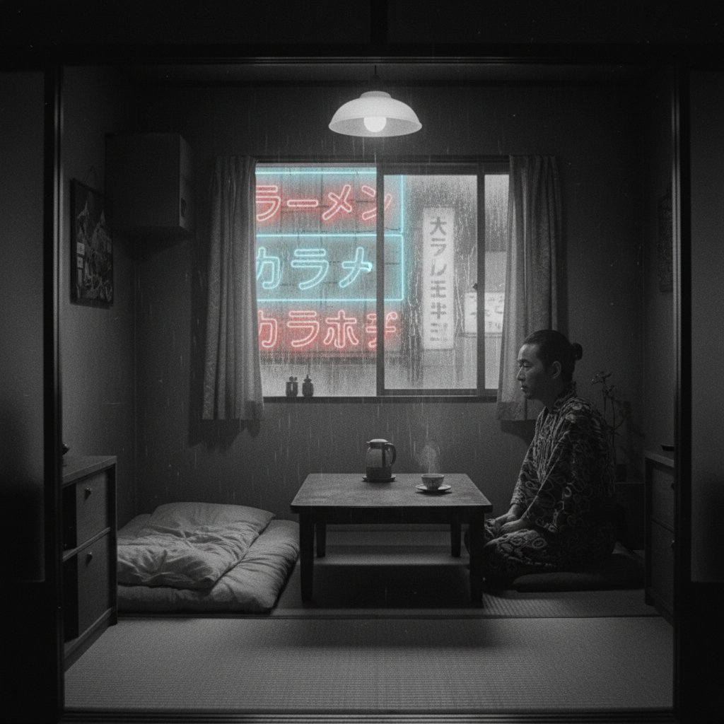 A neon-lit Tokyo apartment, someone watching a Kurosawa film on a big screen, rain streaking down the window, cinematic lighting, Kurosawa’s movies streaming