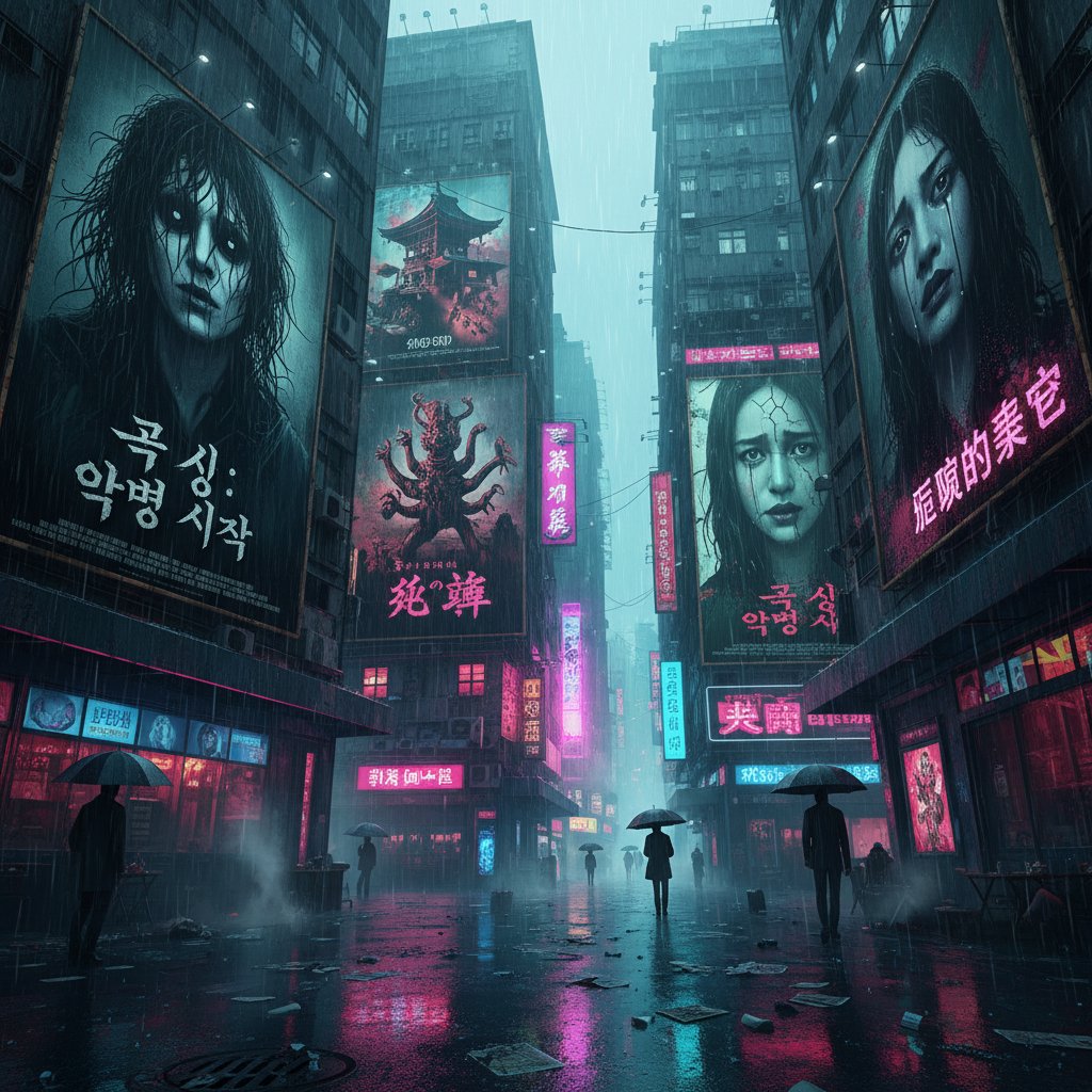 Neon-lit urban scene at night with Asian disturbing movie posters