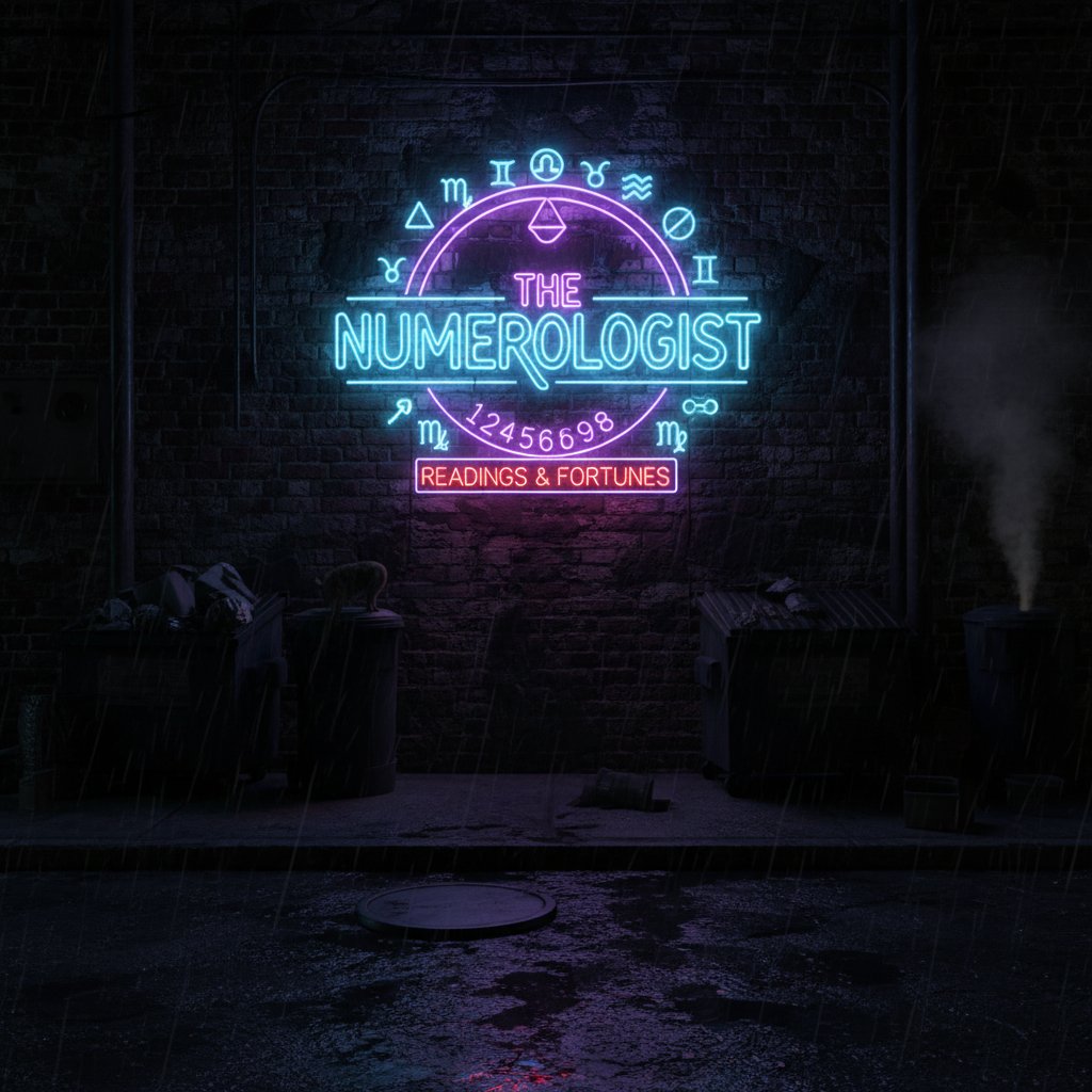 Neonowy szyld numerologa w ciemnej uliczce