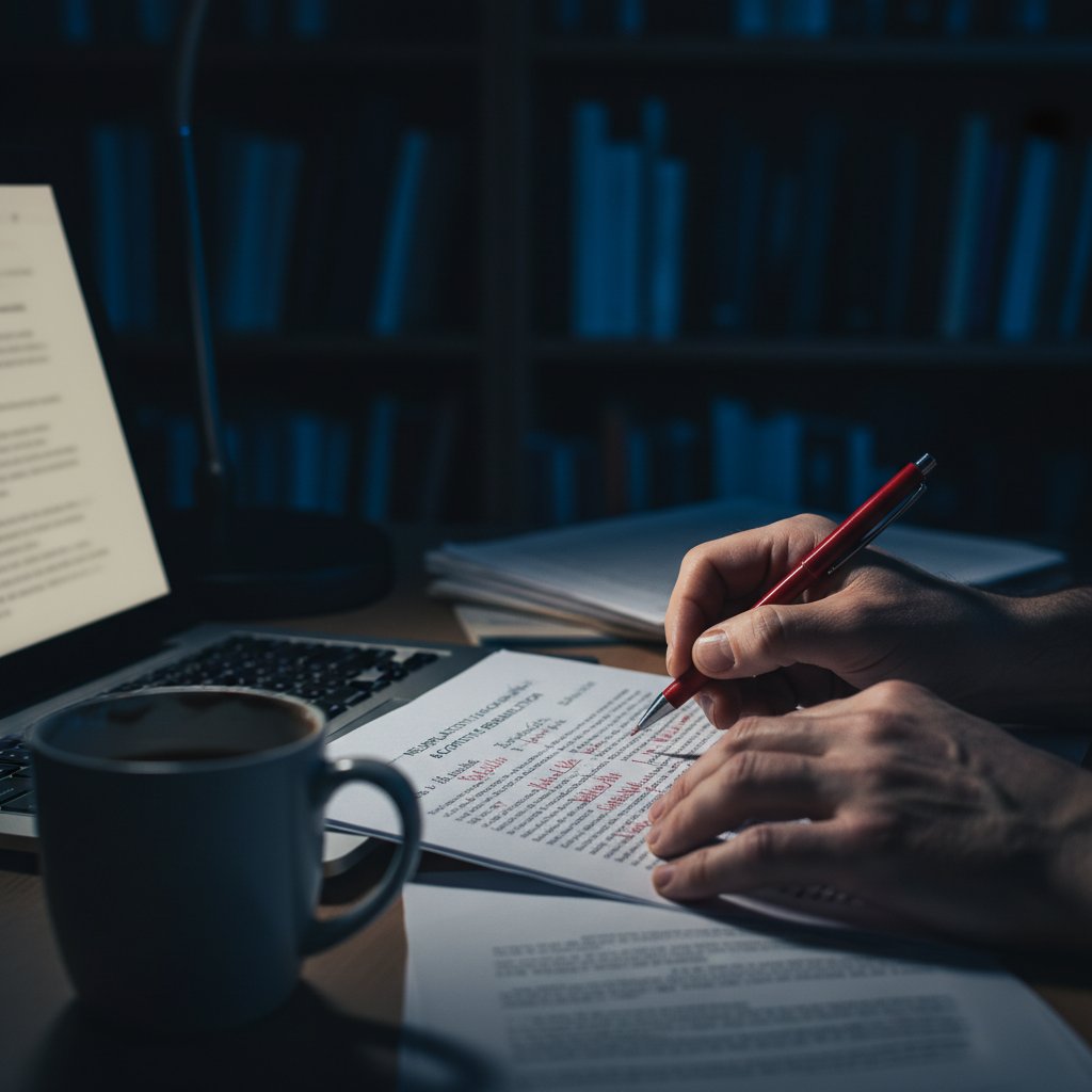 High-contrast photo of hands nervously editing a manuscript late at night, representing the anxious struggle to improve academic writing quality