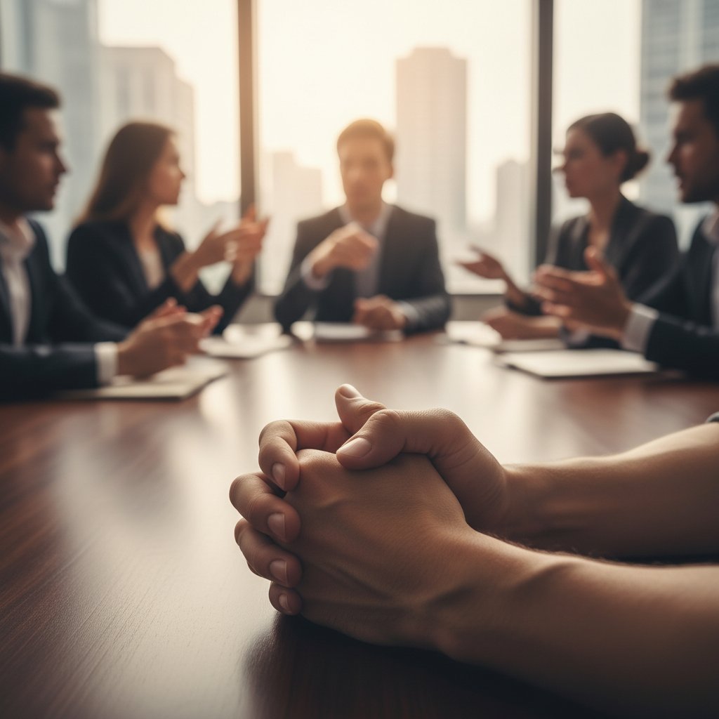 Ręce nerwowo poruszające się podczas rozmowy grupowej, presja społeczna w praktyce