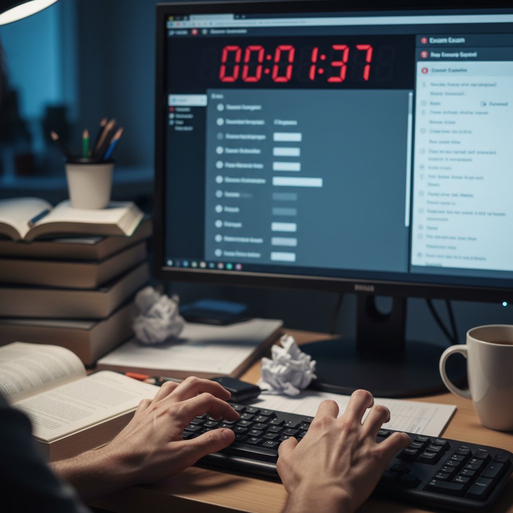 Stres kandydatów podczas egzaminu notarialnego online — zbliżenie na nerwowe dłonie nad klawiaturą, cyfrowy zegar na ekranie