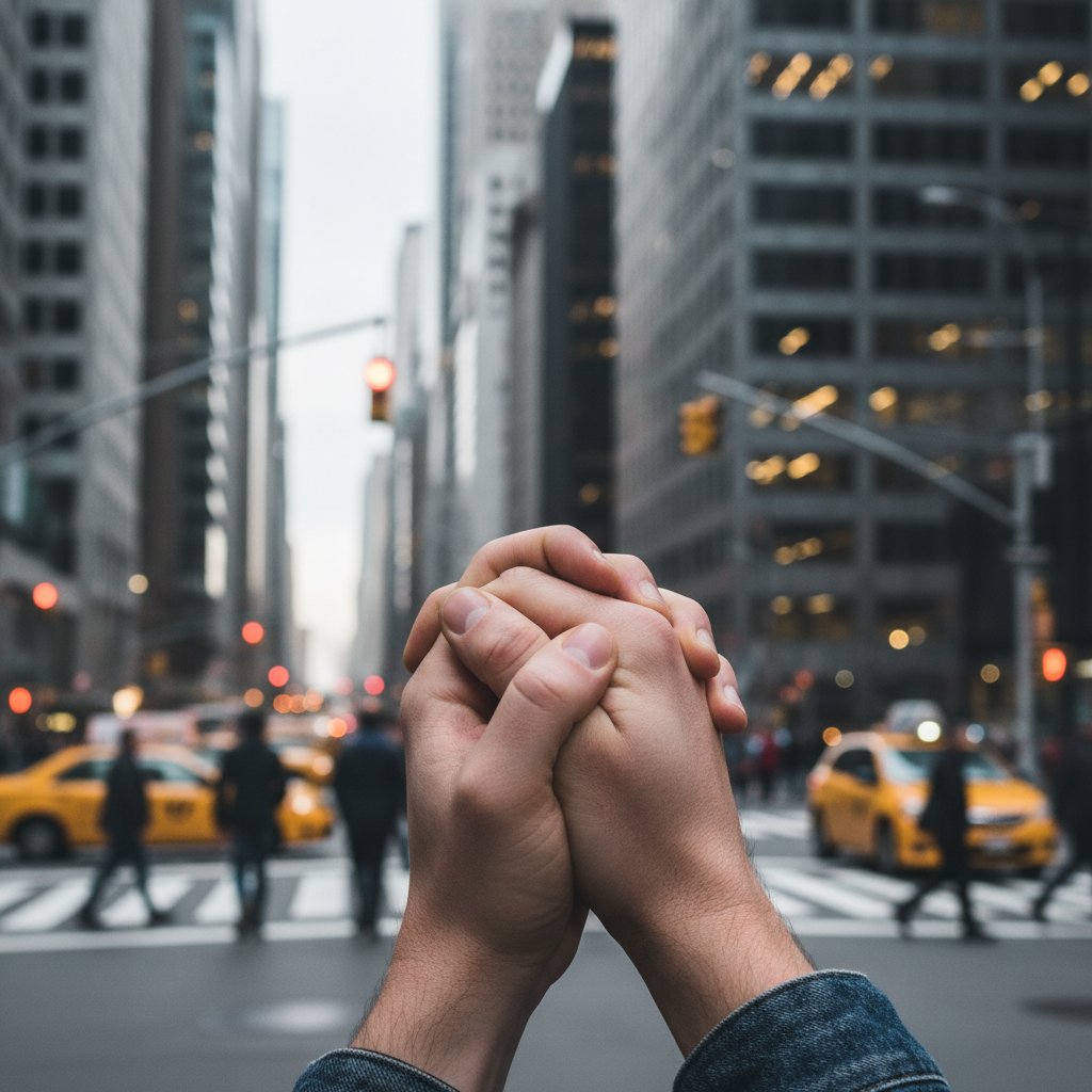 Nerwowe dłonie jako metafora ukrytych objawów współuzależnienia, zbliżenie rąk, niepokój, współuzależnienie, tło miejskie