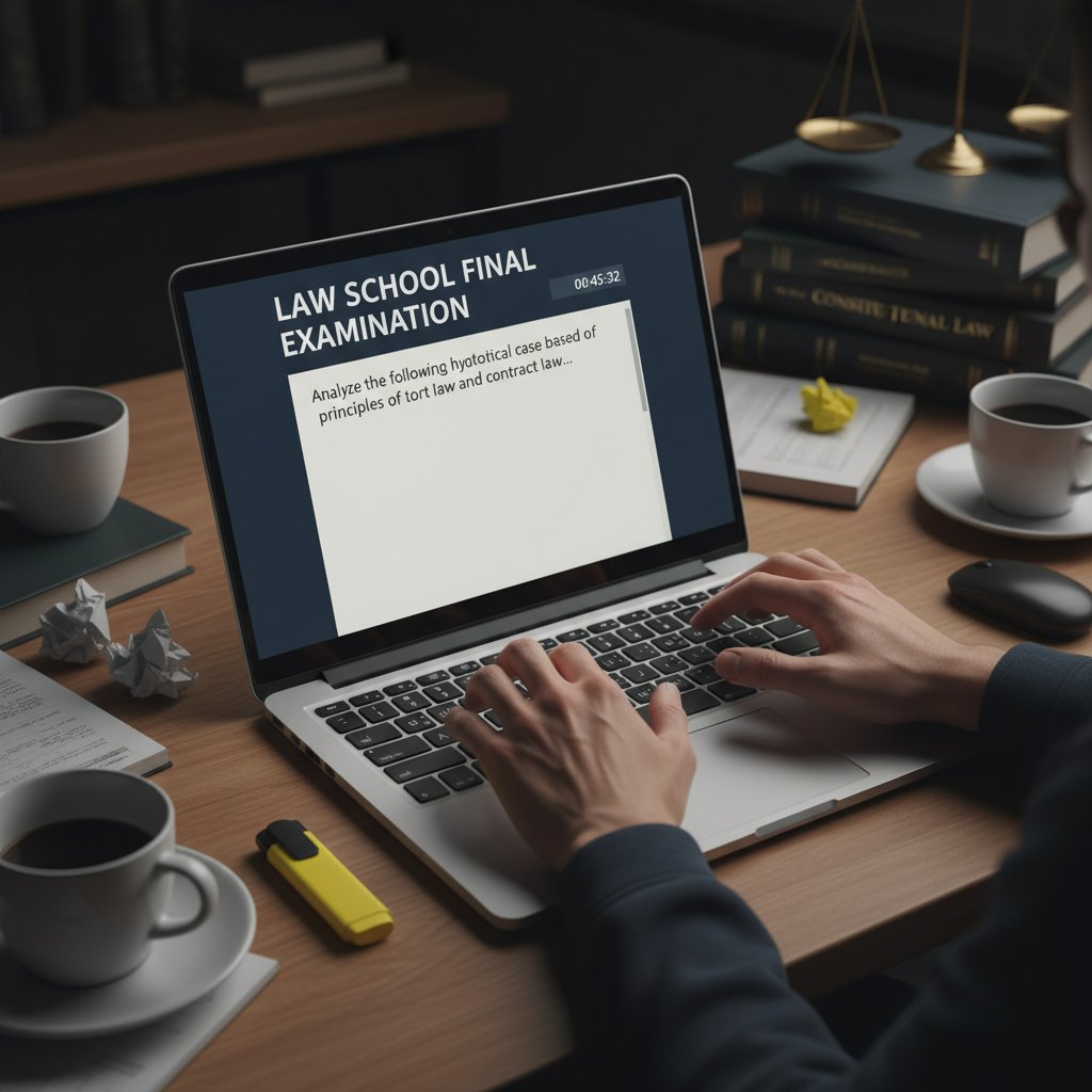 Zestresowane dłonie na klawiaturze podczas egzaminu adwokackiego online w Polsce