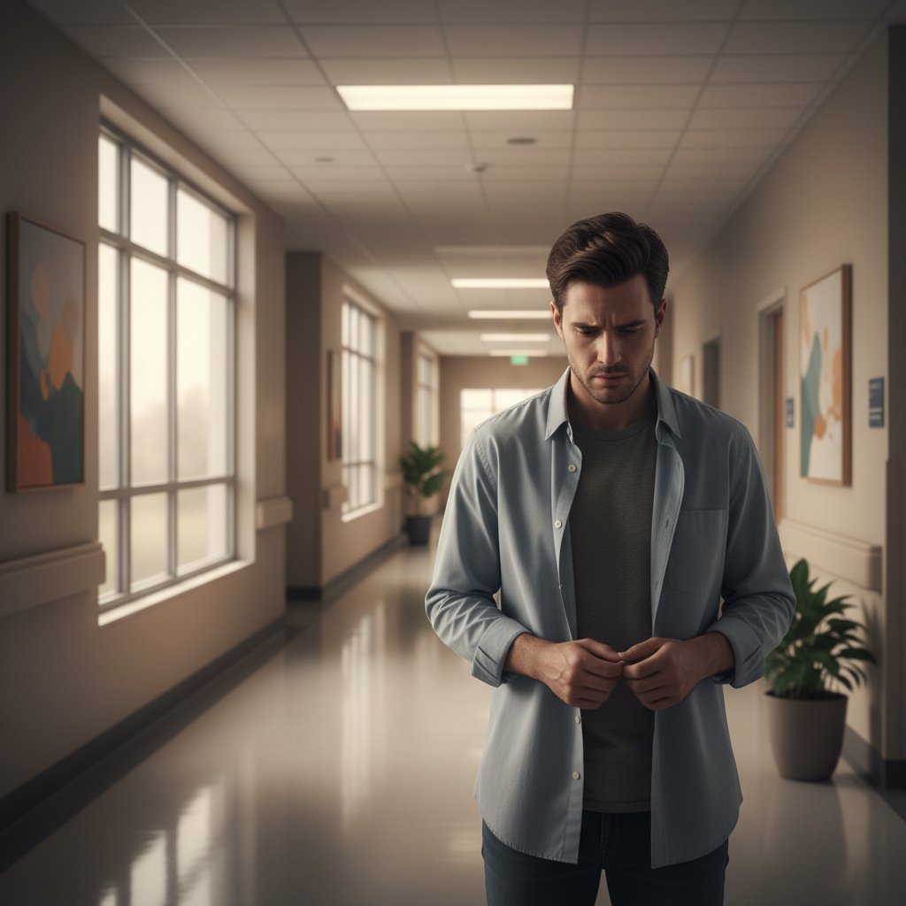 Pacjent czekający na wyniki SPECT w szpitalnym korytarzu