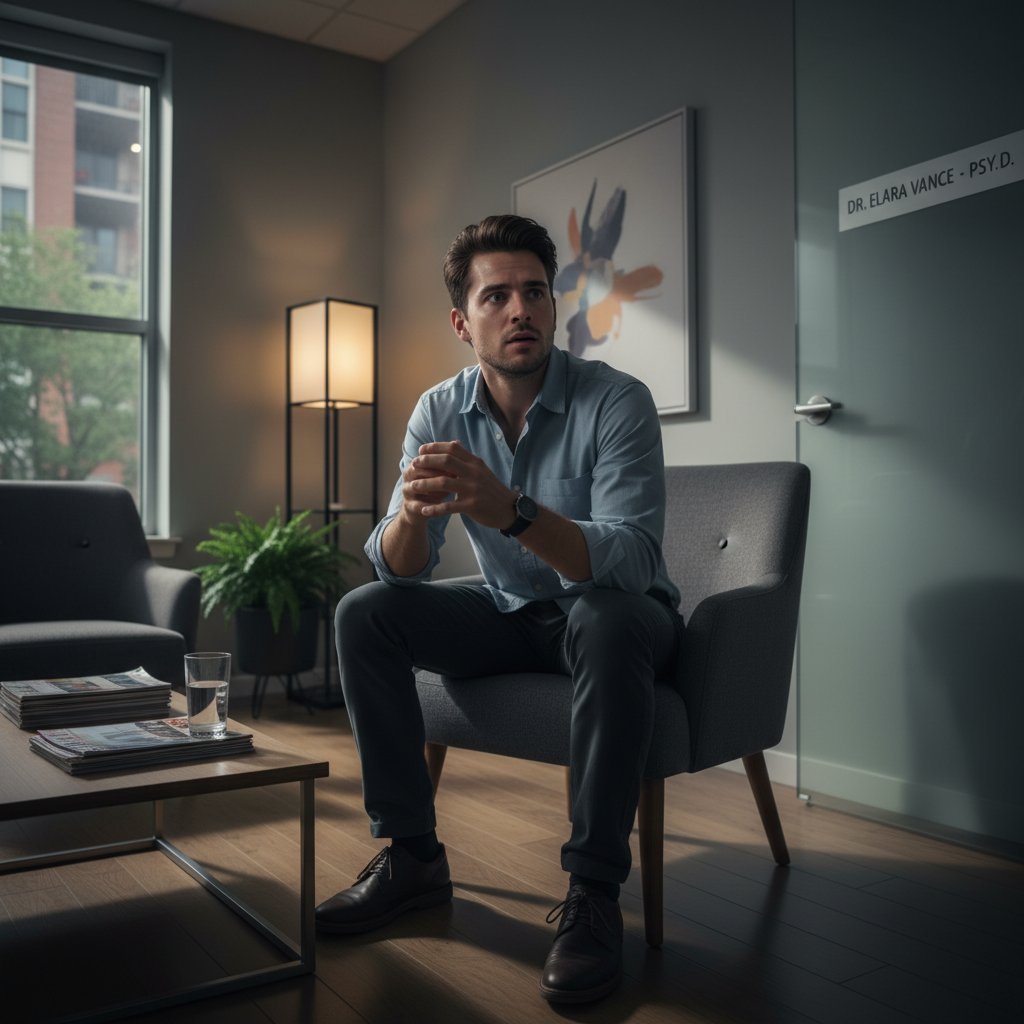 Osoba czekająca nerwowo na pierwszą wizytę u psychologa – emocje, stres i napięcie