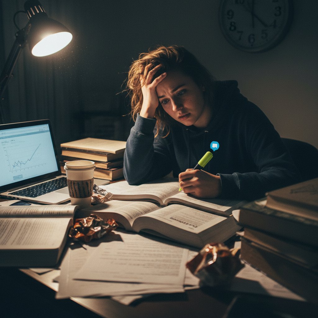 Zestresowany uczeń przygotowujący się do egzaminów, dokumentalny styl