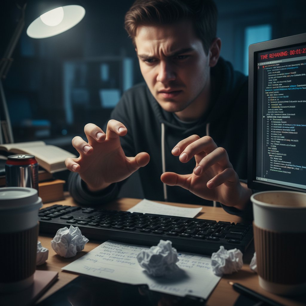 Zbliżenie na dłonie studenta przy klawiaturze, wyraźnie widoczne napięcie i stres