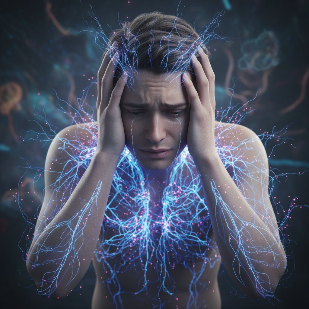Schematyczne zdjęcie osoby zestresowanej z widocznymi elementami układu nerwowego – ilustracja fizjologii stresu