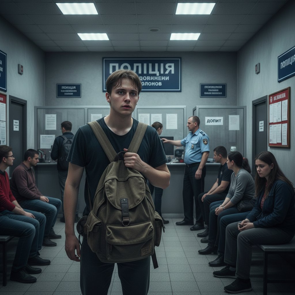Zestresowany podróżnik na komisariacie, obce napisy, napięta atmosfera