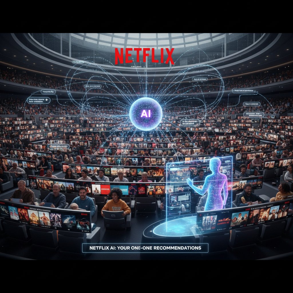 Visual metaphor: crowded Netflix interface vs. AI assistant providing personal, one-on-one movie recommendations