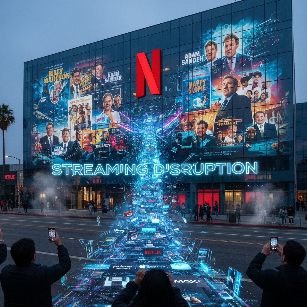 Netflix headquarters with Adam Sandler movie posters, showing streaming industry disruption