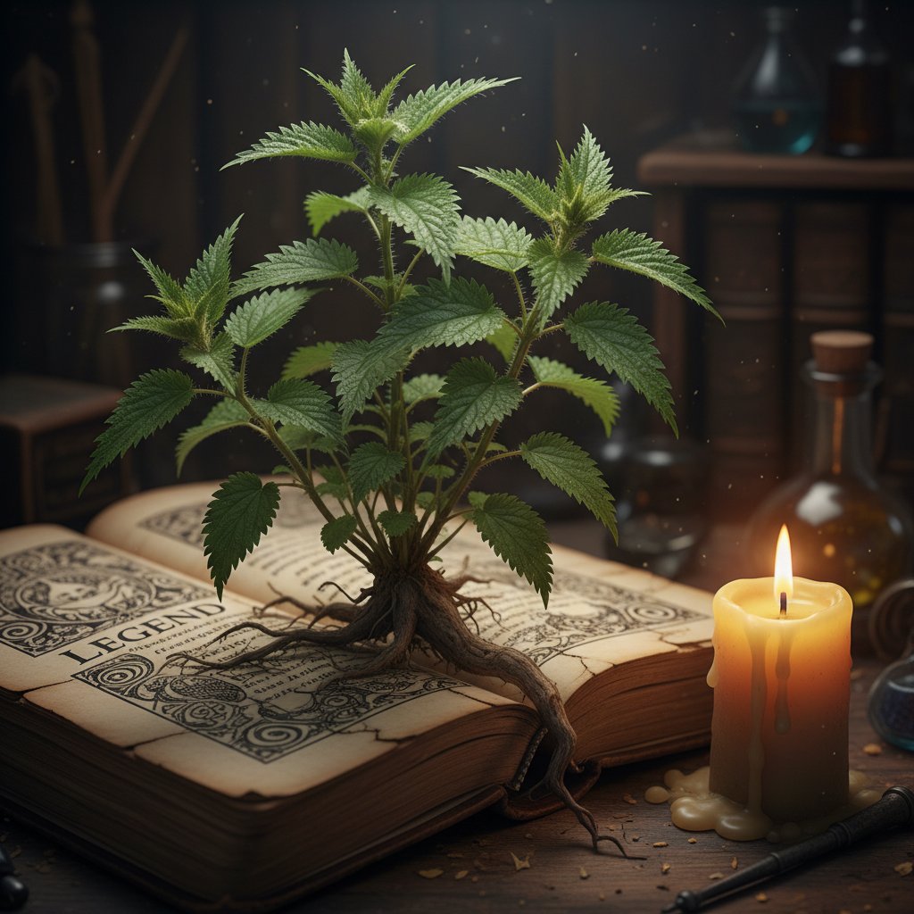 Księga z polskimi legendami, ilustracje pokrzywy, świeca