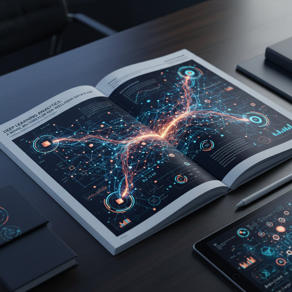 Neural network overlay on an academic paper, representing AI-powered research, data flowing in analytical streams
