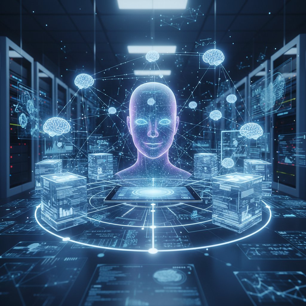 Stylized illustration of AI neural networks analyzing academic datasets and powering virtual research assistants