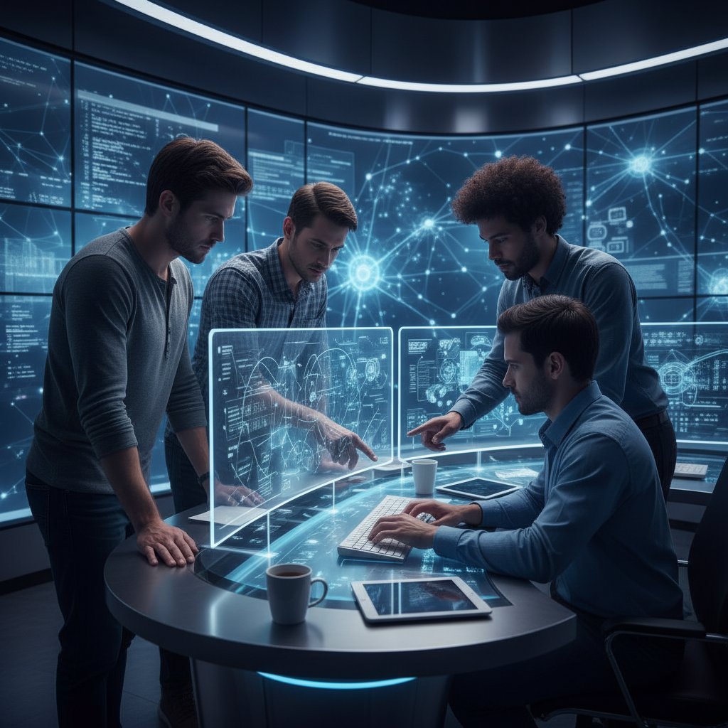 Schematyczne zdjęcie zespołu analizującego wizualizację sieci neuronowej na ekranach