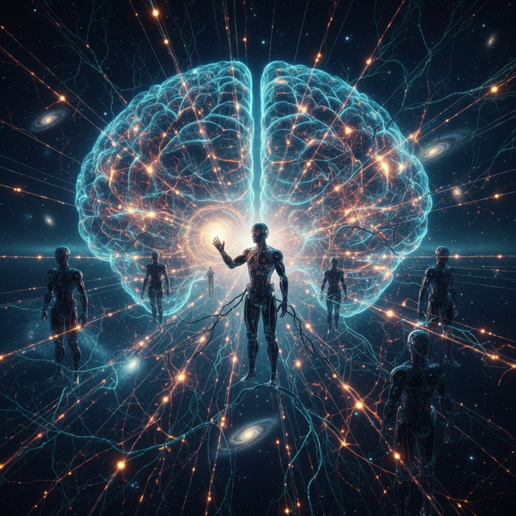 Schemat sieci neuronowej na tle sylwetek człowieka i robota